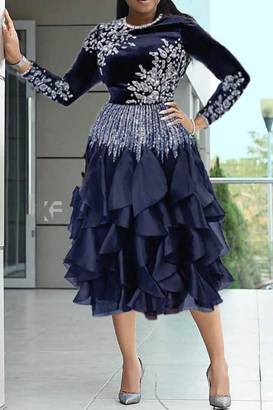 Abiti longuette per la madre della sposa taglie forti Abiti longuette in velluto con strass a maniche lunghe eleganti neri autunno inverno girocollo