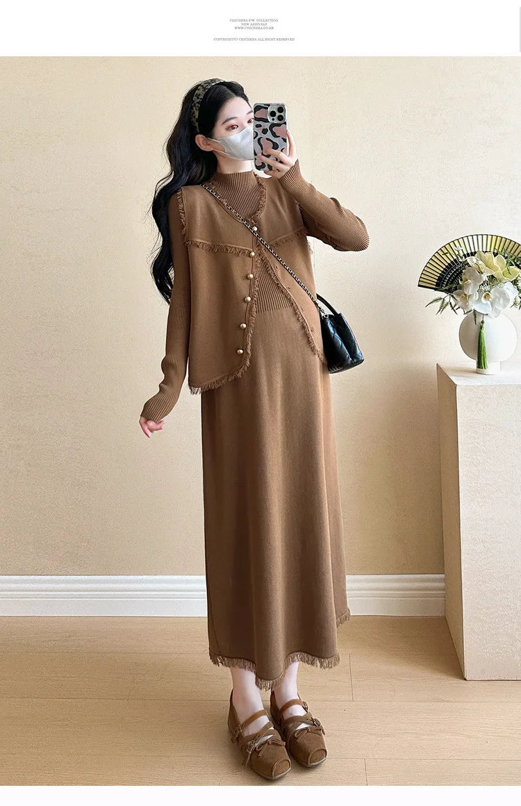 Completo premaman autunno vintage elegante delicato elegante gilet morbido e dolcevita manica lunga abito a vita alta set da due pezzi