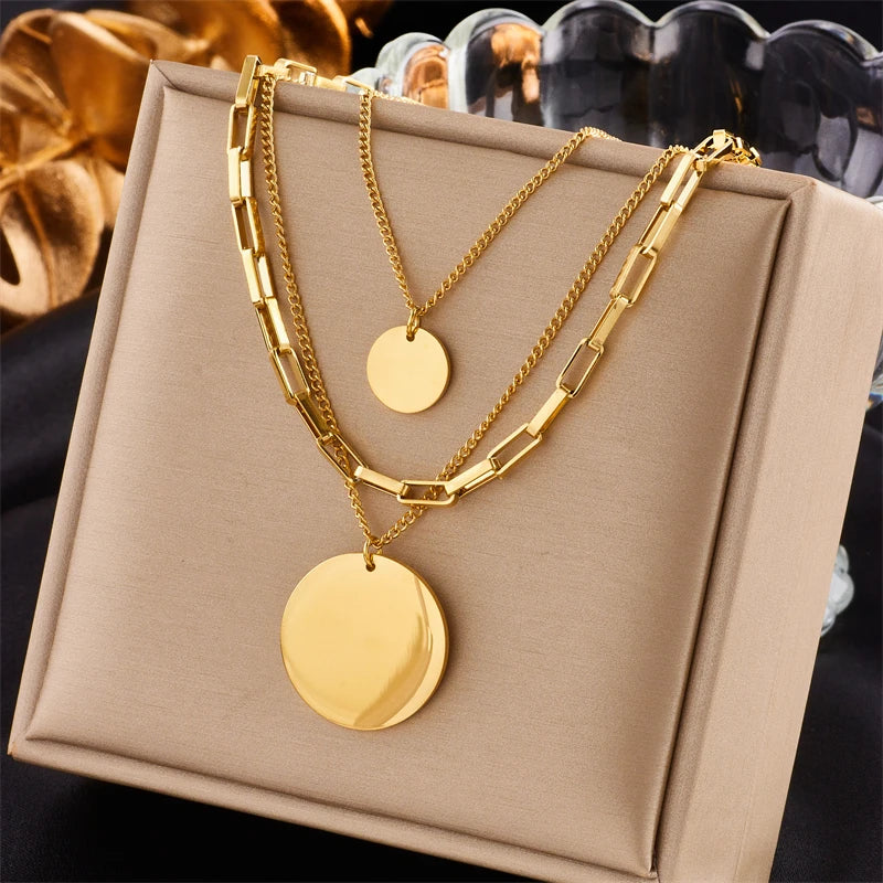 DIEYURO Collana con ciondolo rotondo 3in1 in acciaio inossidabile 316L color oro per le donne Regalo di gioielli con collo a catena multistrato per ragazze di moda