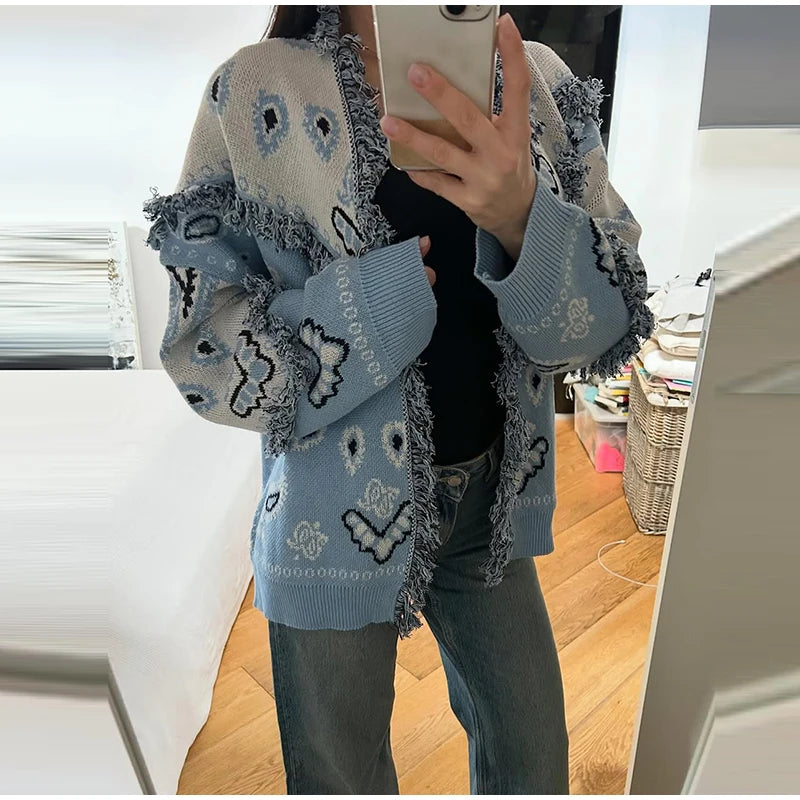 Cardigan Jacquard Lavorato a Maglia, Nuova Collezione Autunno 2026, Maglione Casual da Donna con Collo Alto e Maniche Lunghe, Cappotto in Maglia Stampata Larga
