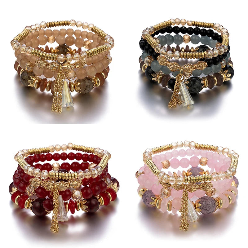 4 pezzi nuovo set di braccialetti con perline con ciondoli e nappe per donna, bracciale a catena con perline di vetro colorato, gioielli bohémien da uomo