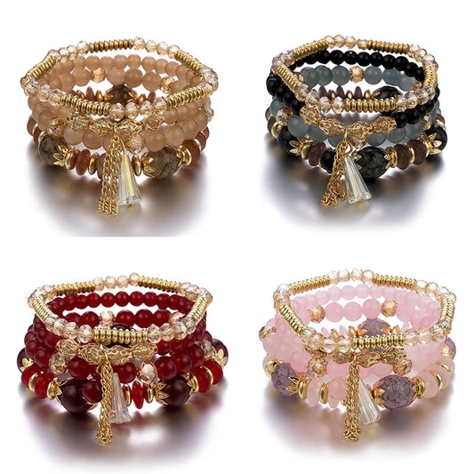 4 pezzi nuovo set di braccialetti con perline con ciondoli e nappe per donna, bracciale a catena con perline di vetro colorato, gioielli bohémien da uomo