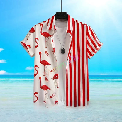 2025 Camicia con stampa foglia e fenicottero per uomo Camicia hawaiana Casual Beach Manica corta Moda Top Camicetta maschile Abbigliamento estivo