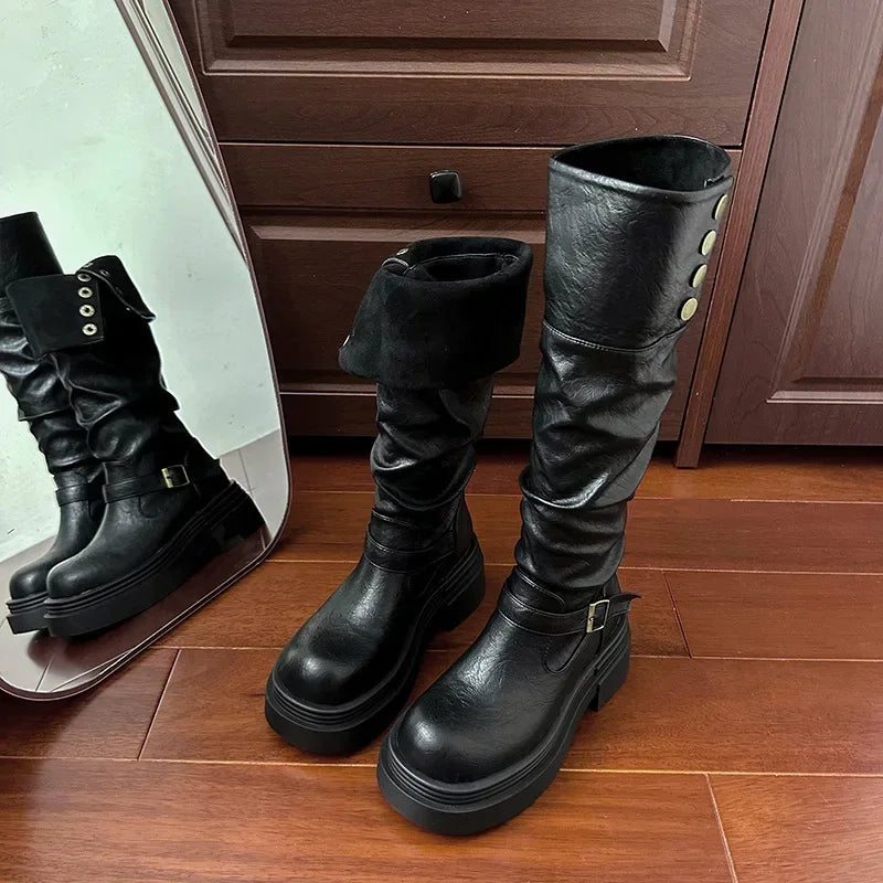 Women's Platform Motorcycle Boots Buckle Strap Thick-soled Boots Feamle New Fashion Black PU Leather Western Knight Botas Mujer