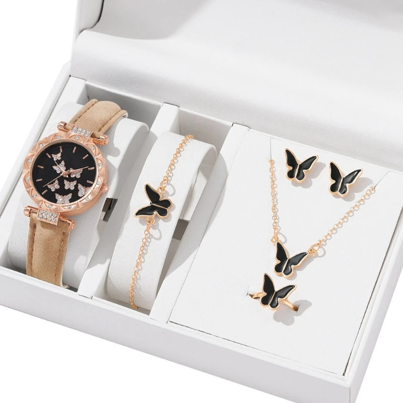 Set di gioielli a farfalla (senza scatola) orologi da donna anelli per orologi in pelle da donna collana orecchini bracciale regalo di nozze