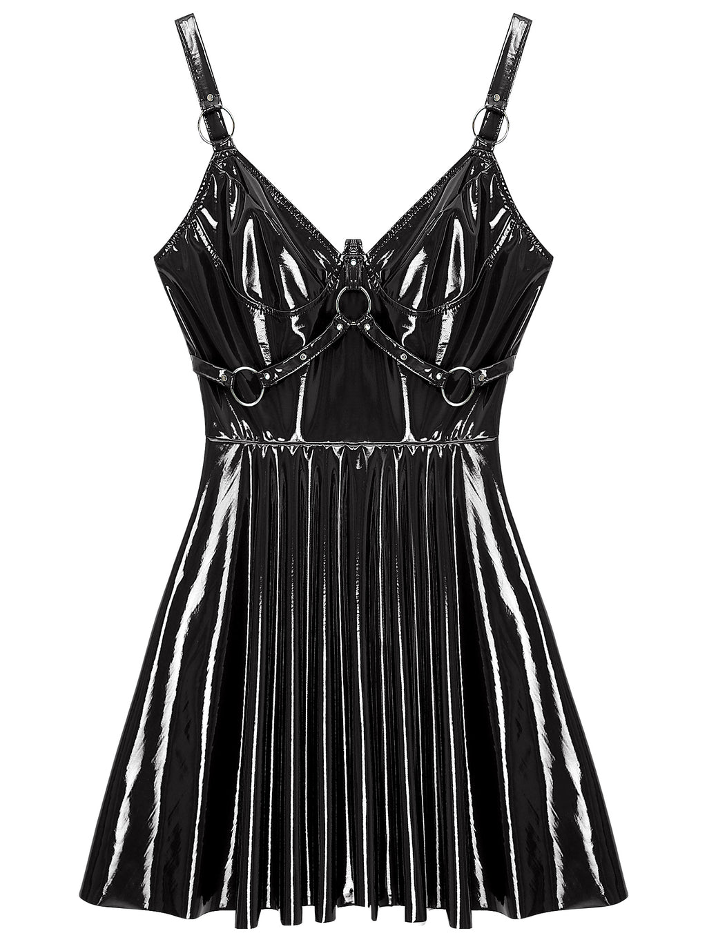 Abito sottoveste in pelle verniciata Sexy effetto bagnato da donna O-Ring rivetti con spalline scollo a V Punk gotico a-line Mini abiti Rave Party Clubwear