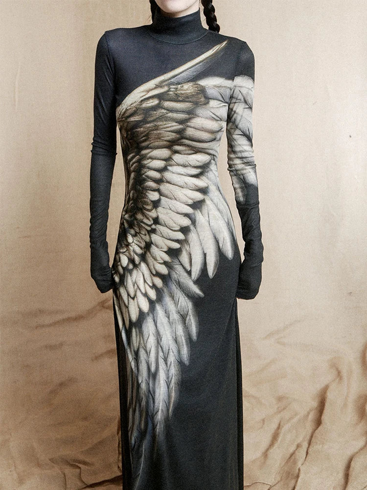 CHEERART Abiti a maniche lunghe con piume ad ala vintage Autunno 2025 Moda donna dolcevita maglia una linea maxi abito da sera di lusso