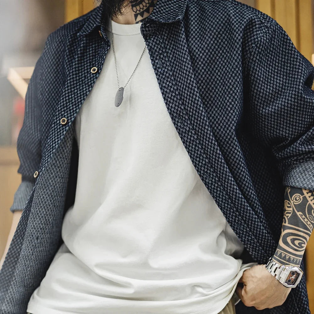 Maden Camicia di jeans a maniche lunghe ampia retrò Giacca monopetto con risvolto a quadretti per uomo Capispalla versatile primaverile e autunnale