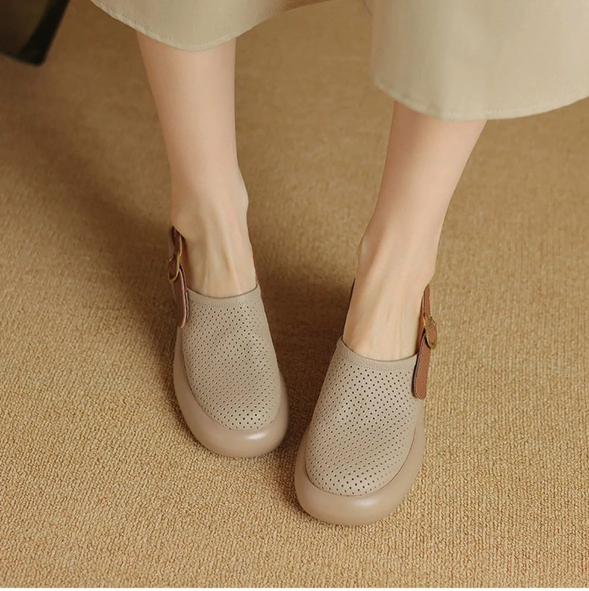 Sandali estivi Punta tonda Scava fuori Sandali con tacco alto per donna Sandali con plateau Zapatos Mujer Tacco grosso Scarpe di pelle di pecora Verde