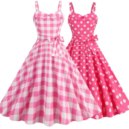 Abito estivo da donna Abito sexy con bretelle scozzese rosa retrò Abiti da festa di Natale Abito femme a vita alta
