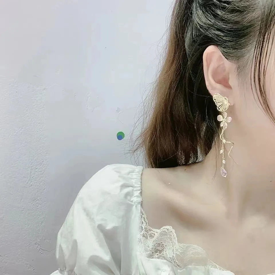 Orecchini a farfalla eleganti coreani per le donne Squisito cristallo zircone lungo nappa fiore orecchini pendenti gioielli temperamento per ragazze