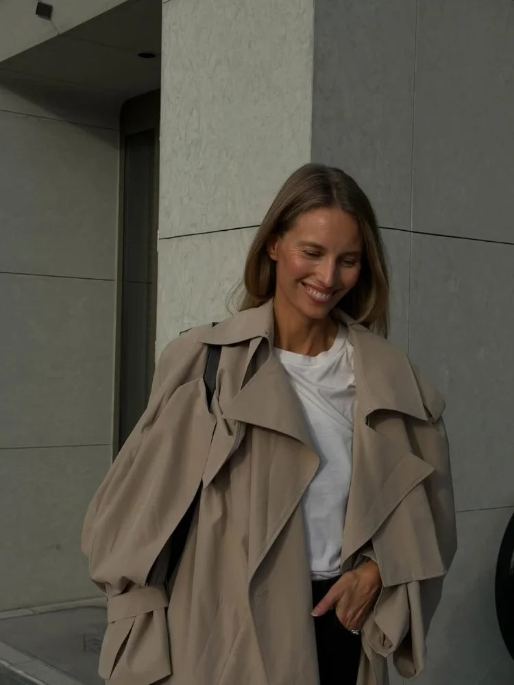 Trench lungo con lacci solido Moda donna Manica intera Risvolto monopetto Capispalla allentato Lady Autunno Cappotto Highstreet quotidiano