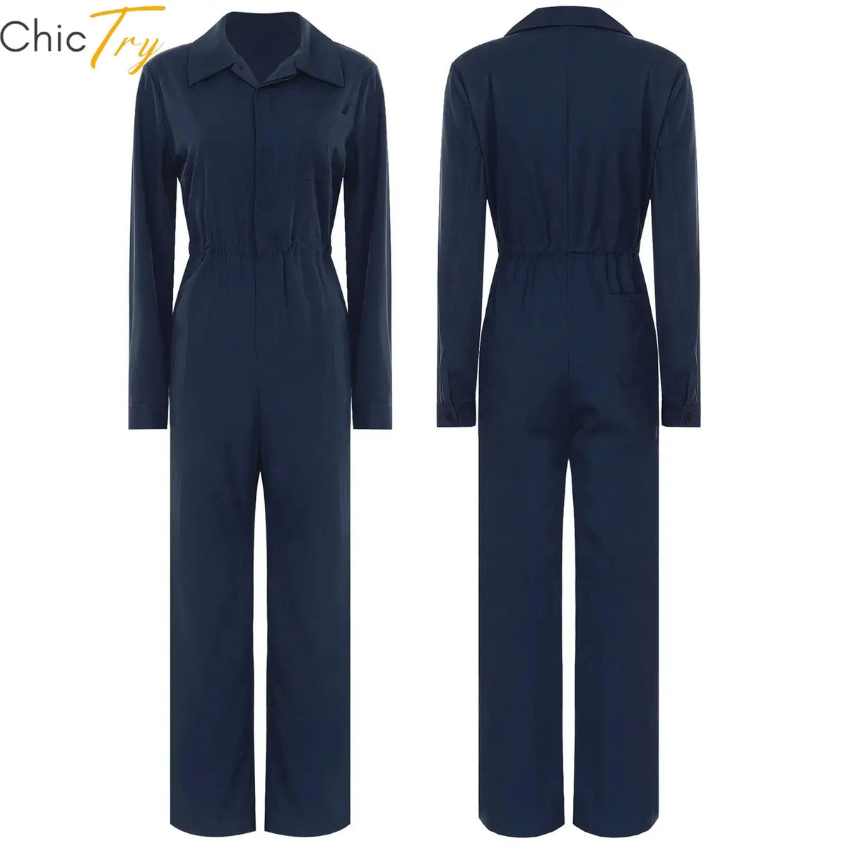 Tuta da lavoro da donna Tuta con bottoni alla moda Colletto rovesciato casual Pagliaccetto a maniche lunghe Design elegante con bottoni sul davanti