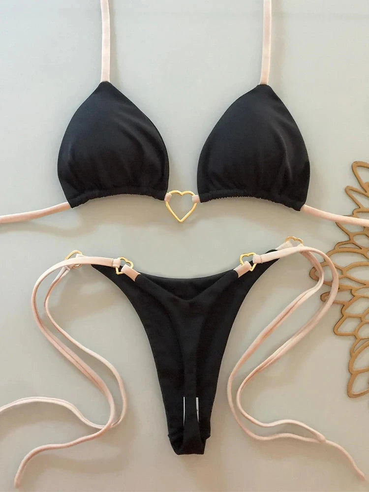 Sexy Low-Waist Bikini Set for Women Summer Solid Color Tie-Front Swimsuit with Padded Top for Beach Vacation