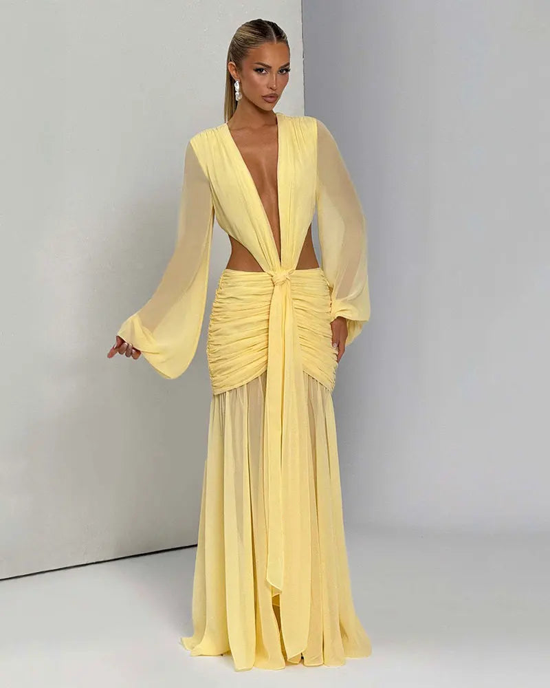 GACVGA Abito lungo elegante in chiffon per donna Nuovi abiti con maniche a lanterna Abiti lunghi aderenti da club sexy pieghettati