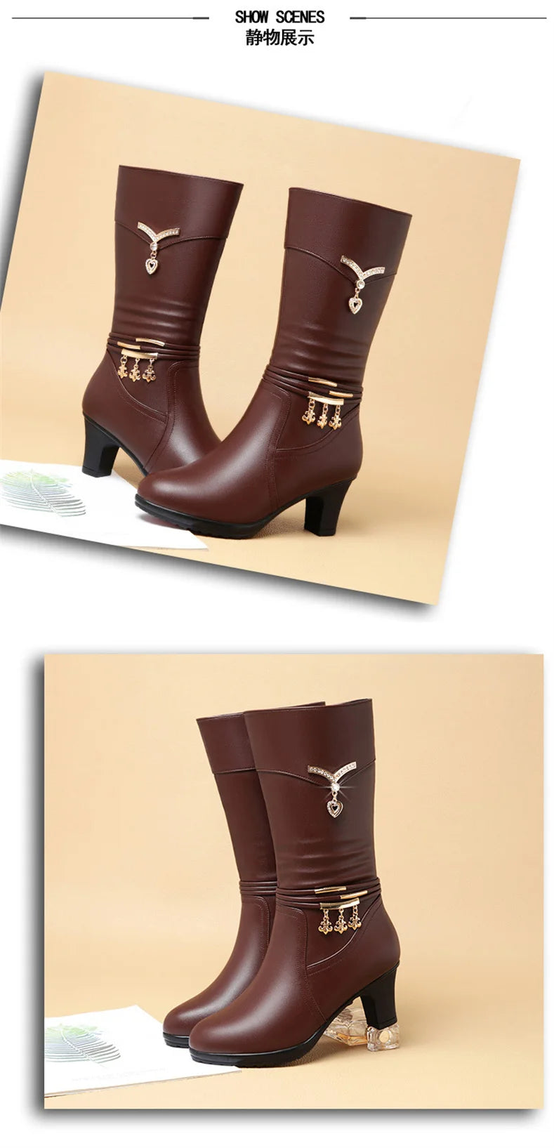 Women Comfortable Fleece Medium Boots Autumn Winter New Style Thick Heel Side Zipper Pointed Fashion High Heels Boots