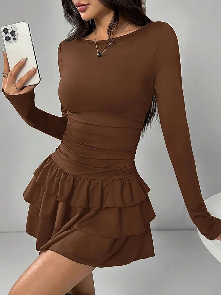 Autunno Inverno Tinta unita Slim Fit Increspature a cascata Mini abito Donna Elegante manica svasata Vita alta Abiti aderenti da festa sexy