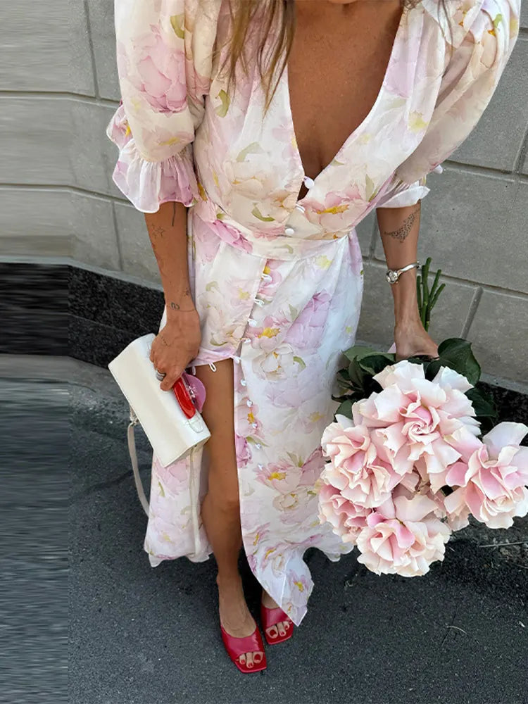 Elegante Abito Midi Stampato da Donna con Collo a O, Maniche Corte a Sbuffo, Vita Alta e Pieghe - Vestito Femminile Chic Nuovo 2026 per Matrimoni
