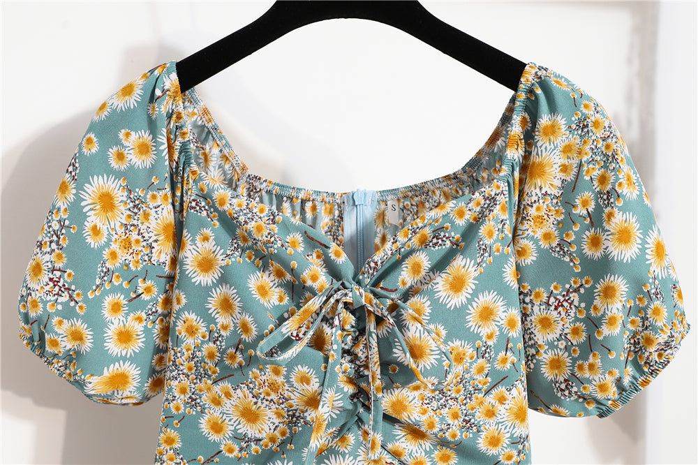 Mini abiti da donna Moda estiva Abiti femminili Stampa Abiti in chiffon floreale Abito casual con maniche corte a pieghe arricciate