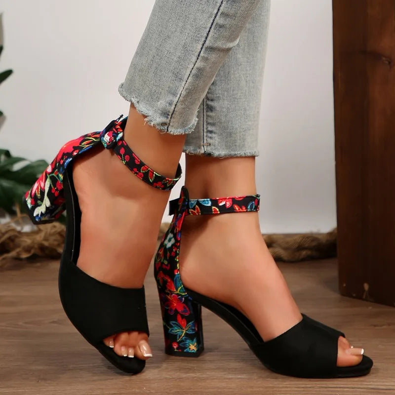 Nuovi sandali estivi con tacco spesso per donna Testa tonda Linea open-toe con tacco alto stampato antiscivolo resistente all'usura Bocca di pesce