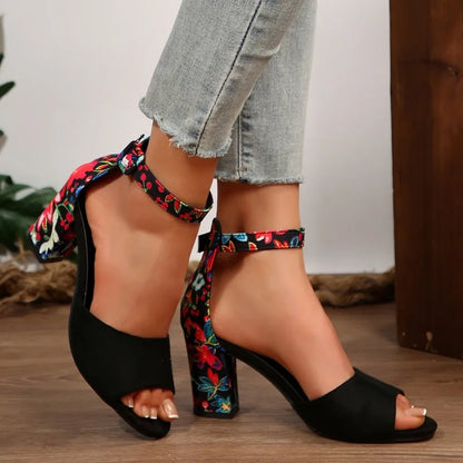 Nuovi sandali estivi con tacco spesso per donna Testa tonda Linea open-toe con tacco alto stampato antiscivolo resistente all'usura Bocca di pesce