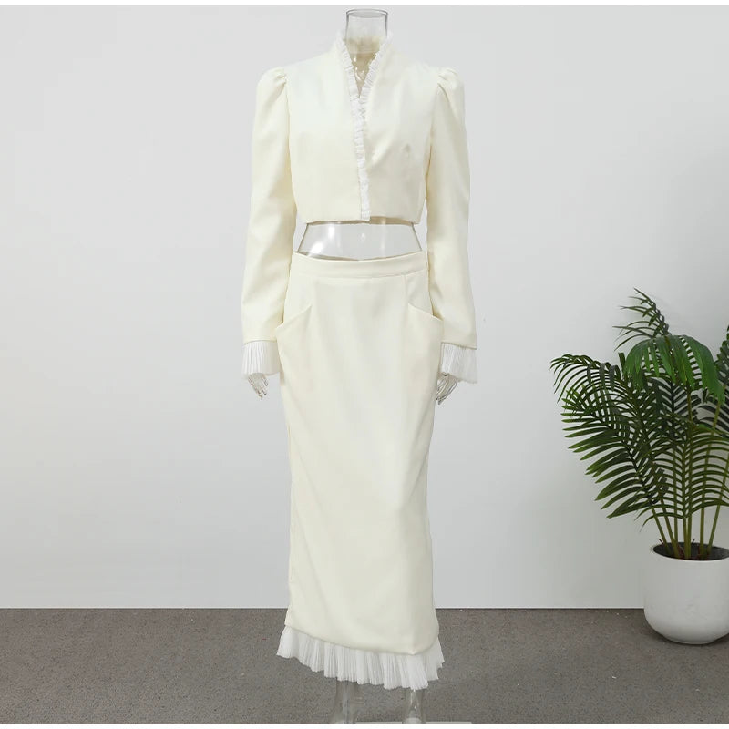 Completo di Top Corto e Gonna Midi in Tulle Bianco, Lussuoso, con Scollo a V, Maniche Lunghe a Sbuffo, Vestibilità Slim, Collezione Primavera 2026, per Appuntamenti e Ufficio