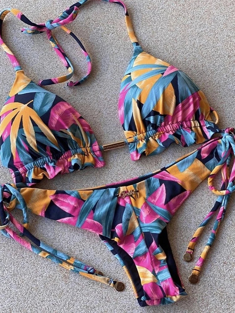 RUOTONGSEPT Sexy Micro Bikinis Set 2024 New Swimsuit Women Feather Print Bandage Swimwear Female Bathing Suit Brazilian Biquinis