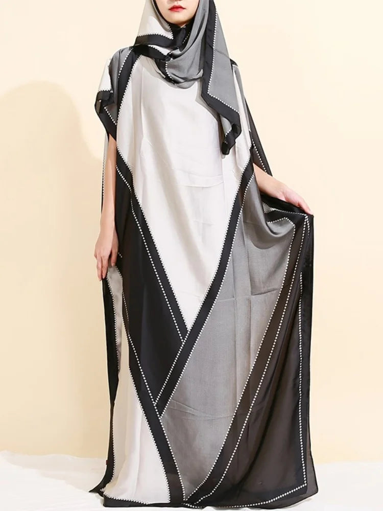 Di lusso Morbido Stampa Musulmana Abaya Donne Maniche Corte Imitato Raso di Seta Abito Lungo Allentato Femme Robe Islam Abiti Con Hijab
