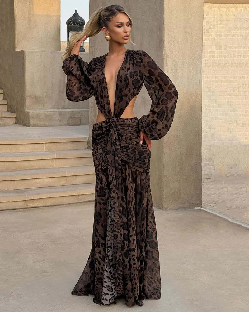 GACVGA Abito lungo elegante in chiffon per donna Nuovi abiti con maniche a lanterna Abiti lunghi aderenti da club sexy pieghettati
