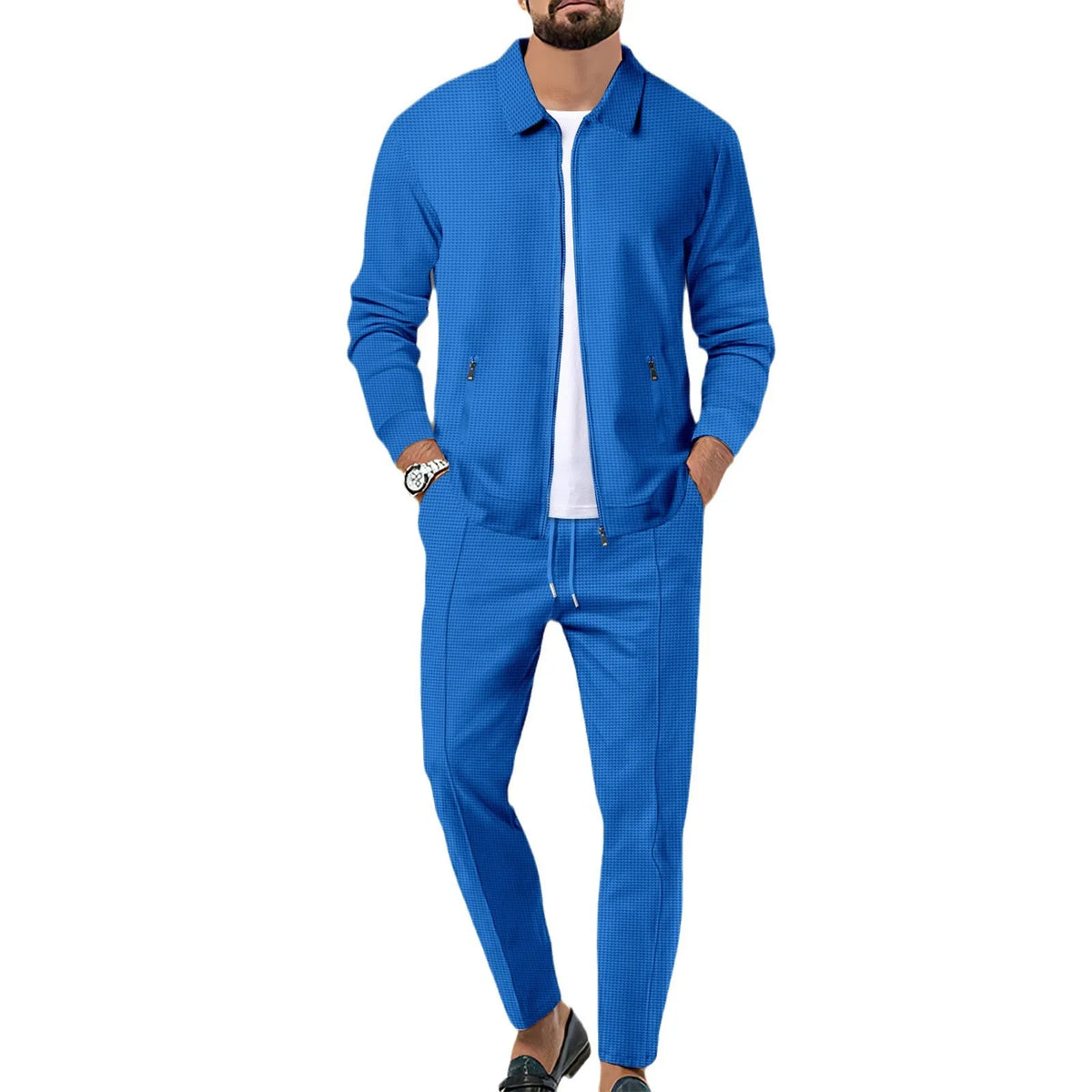 Completo Giacca Cardigan Slim da Uomo con Zip e Tasche, Collo a Risvolto, Stile Waffle, Collezione Autunno 2026