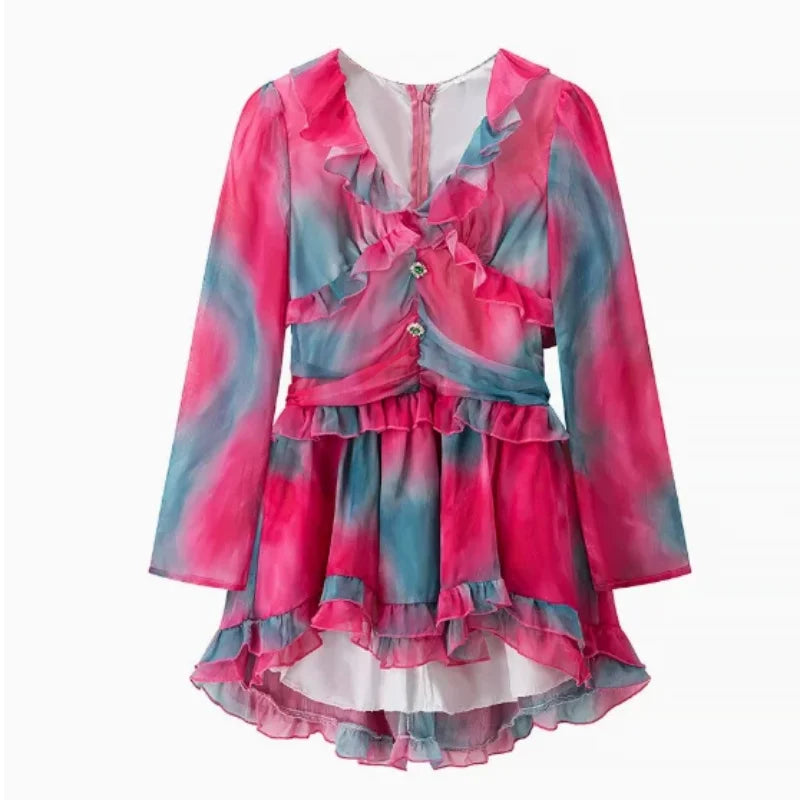 Abito Elegante Floreale da Donna a Trapezio con Pieghe, Mini Abito Sexy a Maniche Lunghe con Volant e Vita Stretta, Abiti da Sera per Vacanze e Street Style 2026