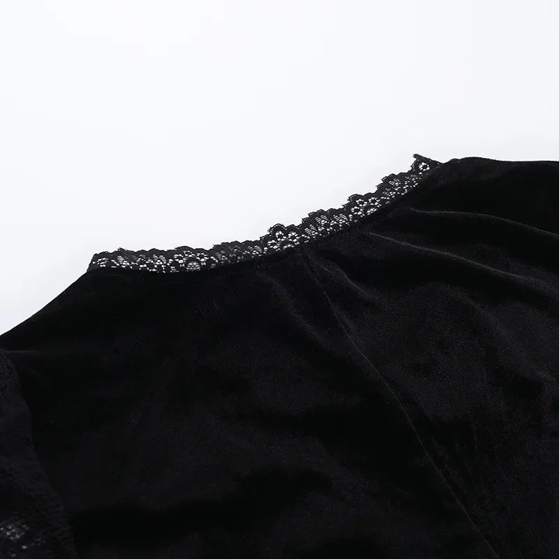Y2K Goth floreale pizzo maglia manica svasata aderente abiti da festa sexy vintage elegante velluto nero con scollo a V abito lungo partywear