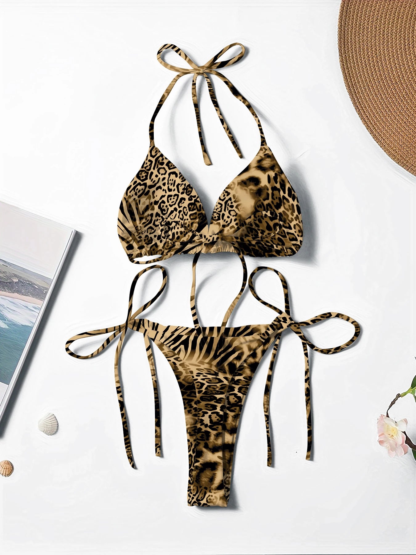 Neuer bedruckter heißer zweiteiliger Bikini-Badeanzug mit Schnürung und Neckholder für Damen