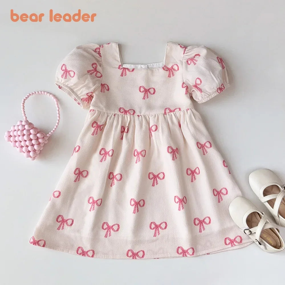 Bear Leader Abiti casual estivi per ragazze a maniche corte Stampa fiocco rosa Collo quadrato Dolce abito da principessa Abbigliamento semplice quotidiano per bambini