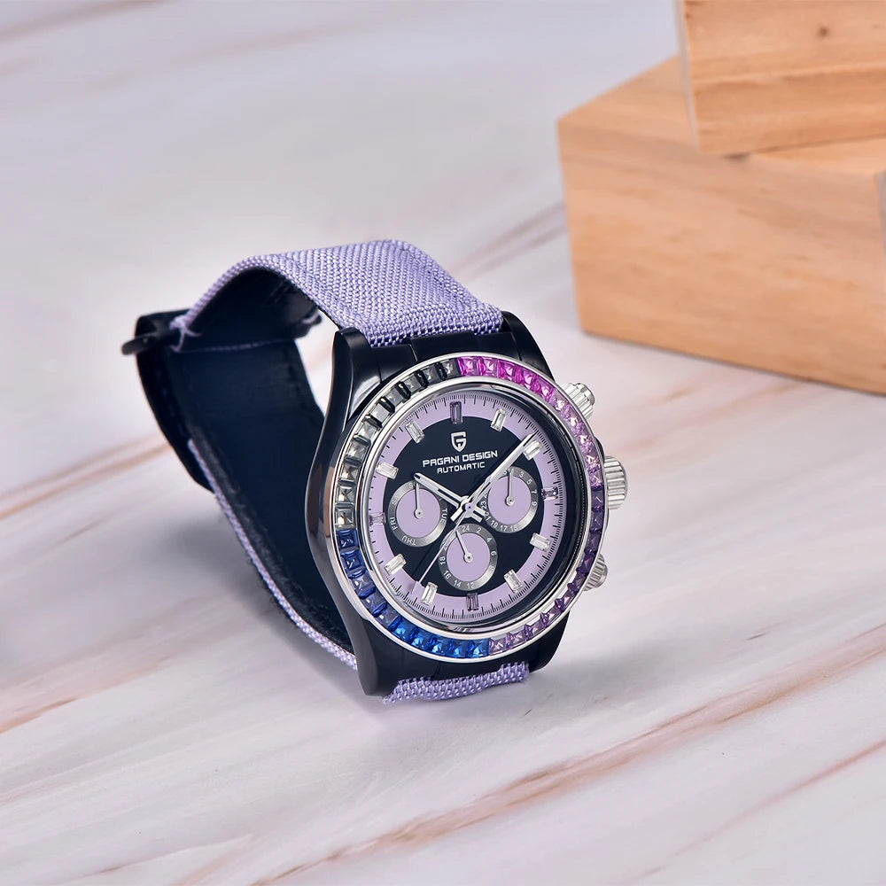 PAGANI DESIGN Orologio meccanico da uomo di lusso 40mm Orologio con cronometraggio multifunzionale Lunetta arcobaleno Vetro zaffiro Orologi da uomo PD1732