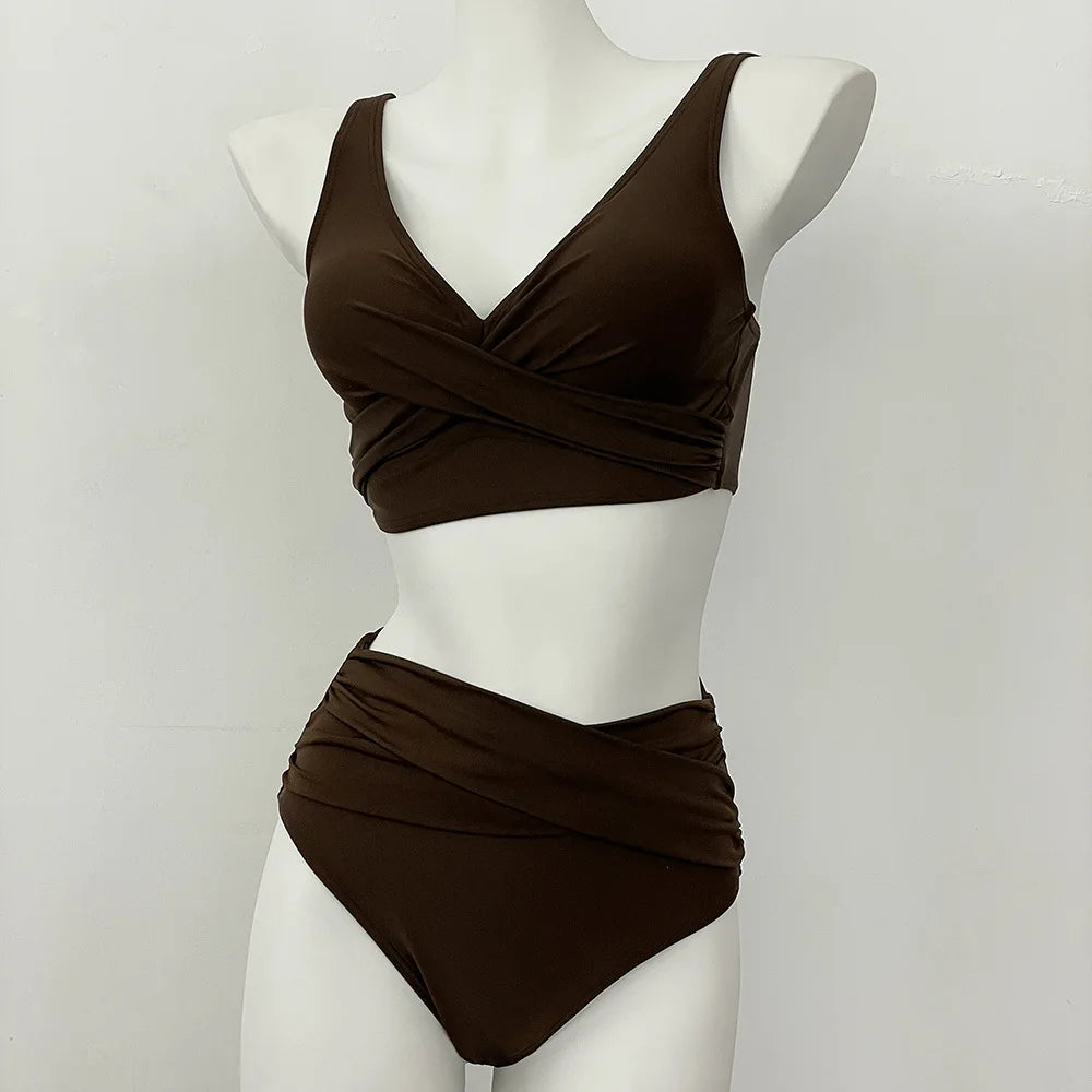 swimsuit ladies Women's High Waist  Bikini Sets Sporty Two Piece Swimsuits Solid Colors High Cut Bathing Suits Women Bikini Sets
