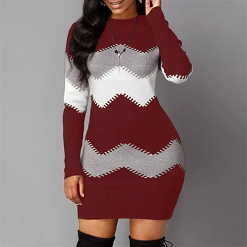 Abito caldo a maniche lunghe patchwork elegante da donna 2022 abito maglione lavorato a maglia a costine autunno inverno mini abiti pullover dolcevita casual