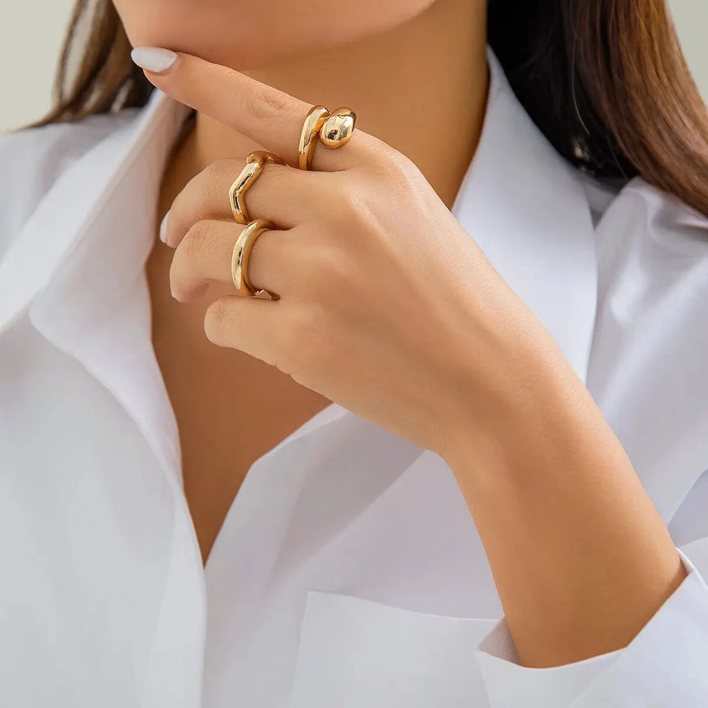 Set di anelli a forma di onda geometrica creativa alla moda da 3 pezzi per accessori per gioielli da dito con anello aperto regolabile irregolare di design da donna