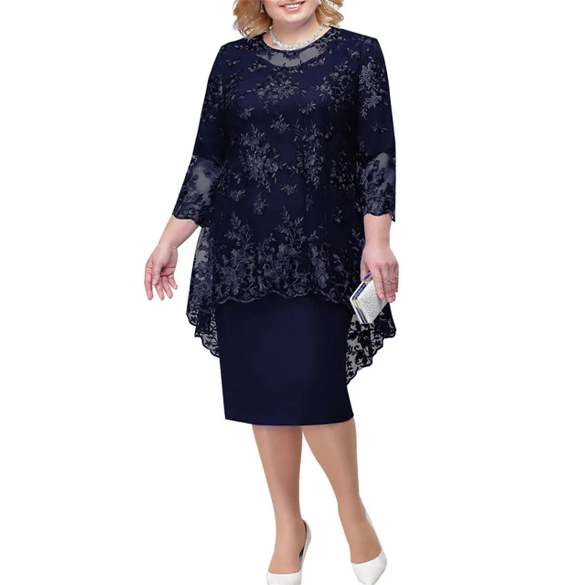 Set da 2 pezzi 2023 primavera autunno abiti Vintage in pizzo floreale Oversize 4XL 5XL donna elegante O collo Party Midi Dress Vestidos