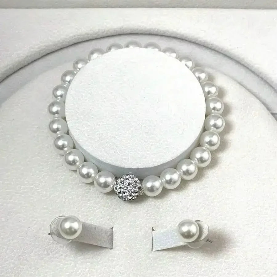 3 pezzi di perle finte palla di fuoco collana braccialetto orecchino set di gioielli con perno colore argento pietra di cristallo elegante regalo di gioielli da sposa