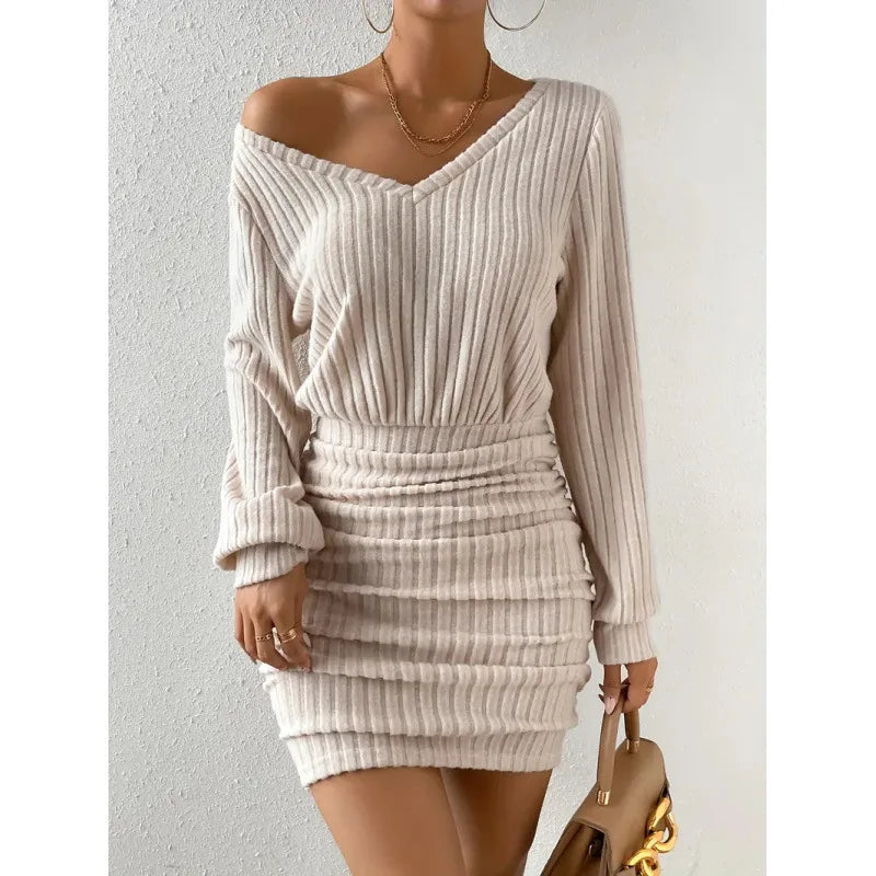Mini abito maglione lavorato a maglia autunno inverno da donna femminile casual solido avvolgente scollo a V manica lunga caldo aderente abiti corti veste