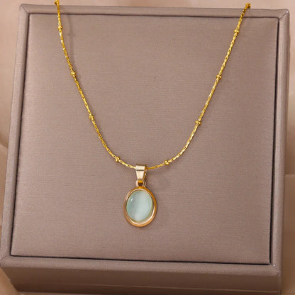 Collana ovale in pietra opale di moda per donna Collana con ciondolo in pietra ovale color oro in acciaio inossidabile Regalo di gioielli estetici per matrimonio