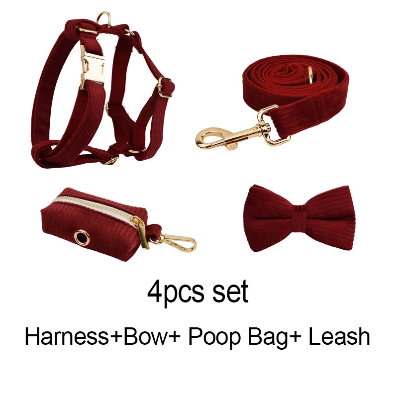 Set Collare e Guinzaglio per Cani in Corduroy Rosso Vino con Targhetta Personalizzata Incisa, Accessori per Animali Domestici
