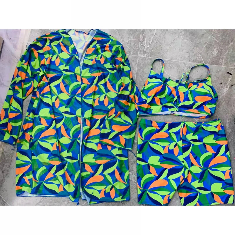 L-4XL Plus Size Set da 3 pezzi Bikini Cover Up Costume da bagno push up da donna Estate Mujer Costumi da bagno con controllo della pancia Set bikini oversize