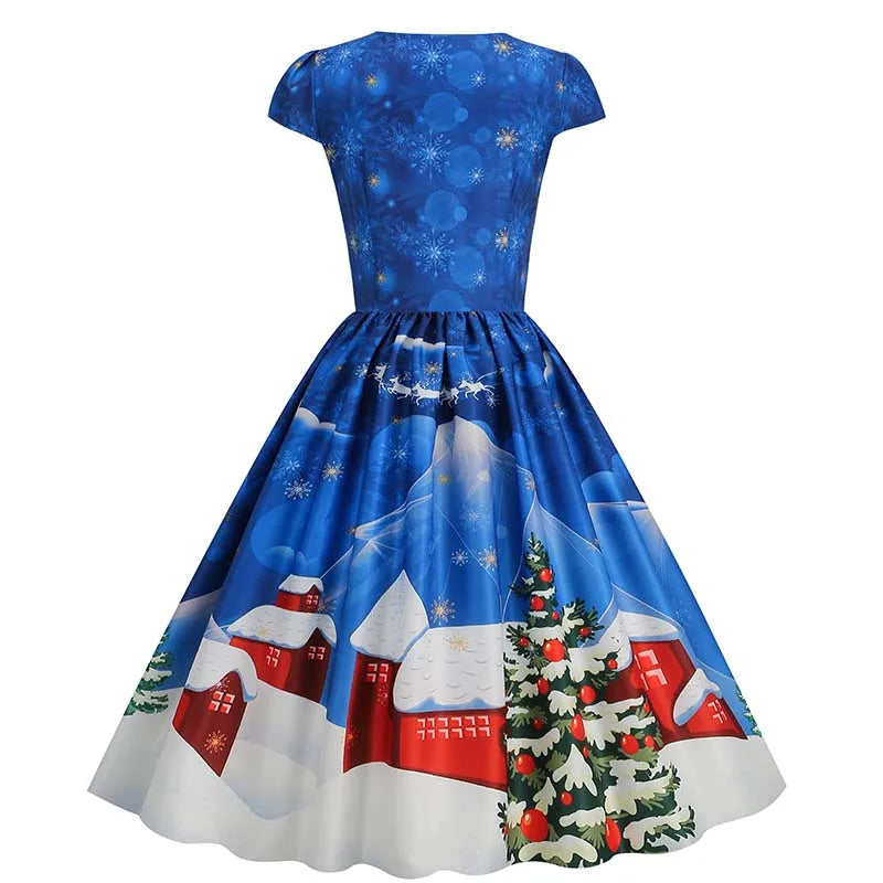 Abiti natalizi per donna Winter Pinup Rockabilly Abito da festa sexy cosplay Abito da ballo da cocktail con stampa di neve di Babbo Natale