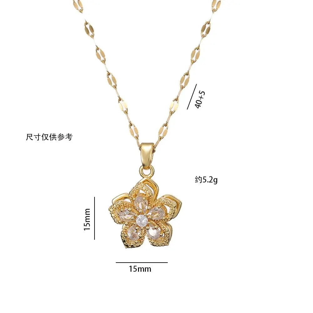 Collana con ciondolo fiore zircone rotante di lusso leggero per le donne Collane a catena ad alto senso di qualità color oro Regali di gioielli per feste
