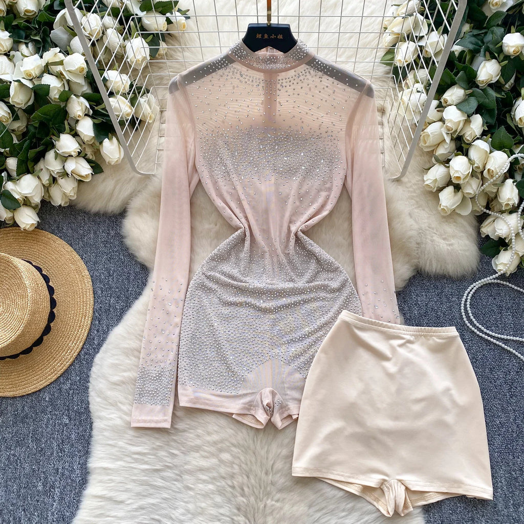 SINGREINY Estate Sottile Sheer Sexy Body Manica Lunga Cerniera Con Pantaloncini Design Pagliaccetti Liste Streetwear Donna Maglia Tute