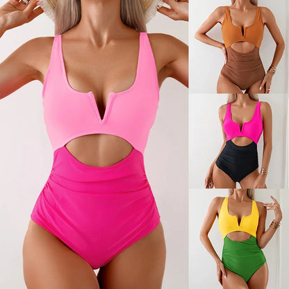 2025 New Summer Swimwear Women Swimsuit One Piece Bathing Suit Square Neck Cutout Back Block Color Beach Wear