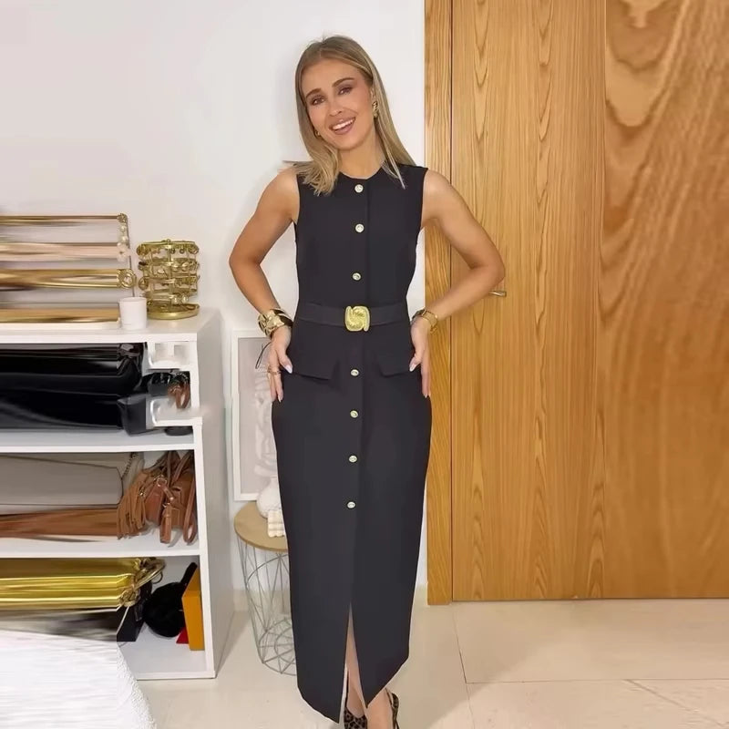 MUJER 2025 Abiti da donna Abiti lunghi da ufficio neri per le donne Abito longuette senza maniche primaverile Donna Cintura con bottoni Abito da donna Gilet