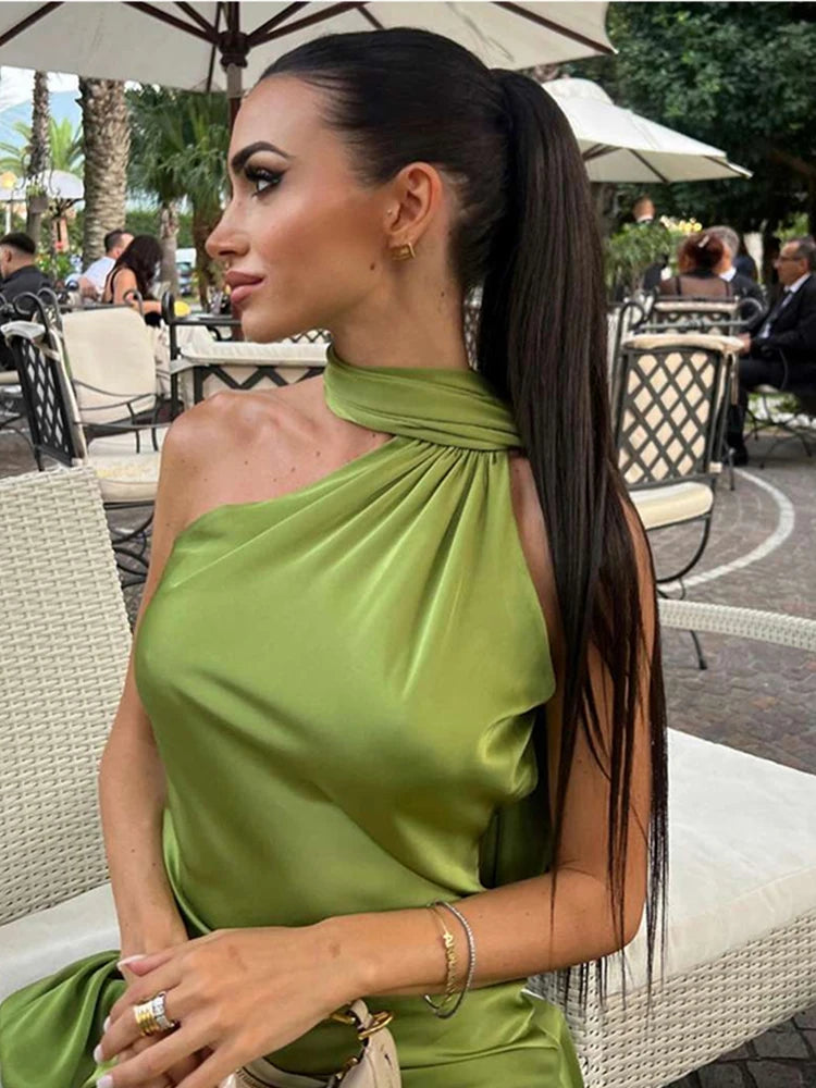 Sciarpa a nastro Halter Abito da donna Spalla inclinata Raso di seta Slim Fit Streamer Grandi abiti sexy senza schienale Abiti lunghi da donna Estate